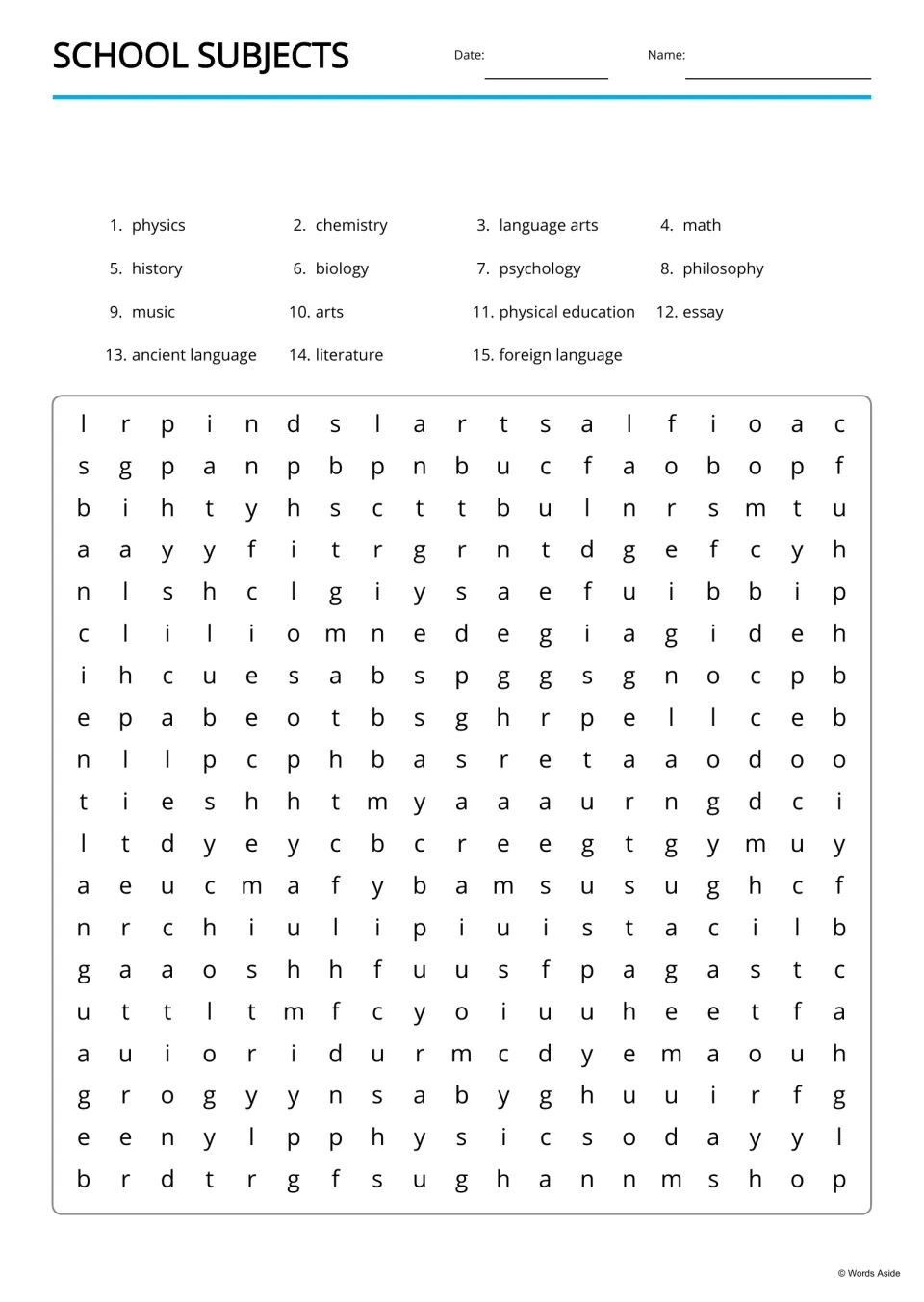 School-subject word search featuring 15 terms, including physics, chemistry, language arts, and math