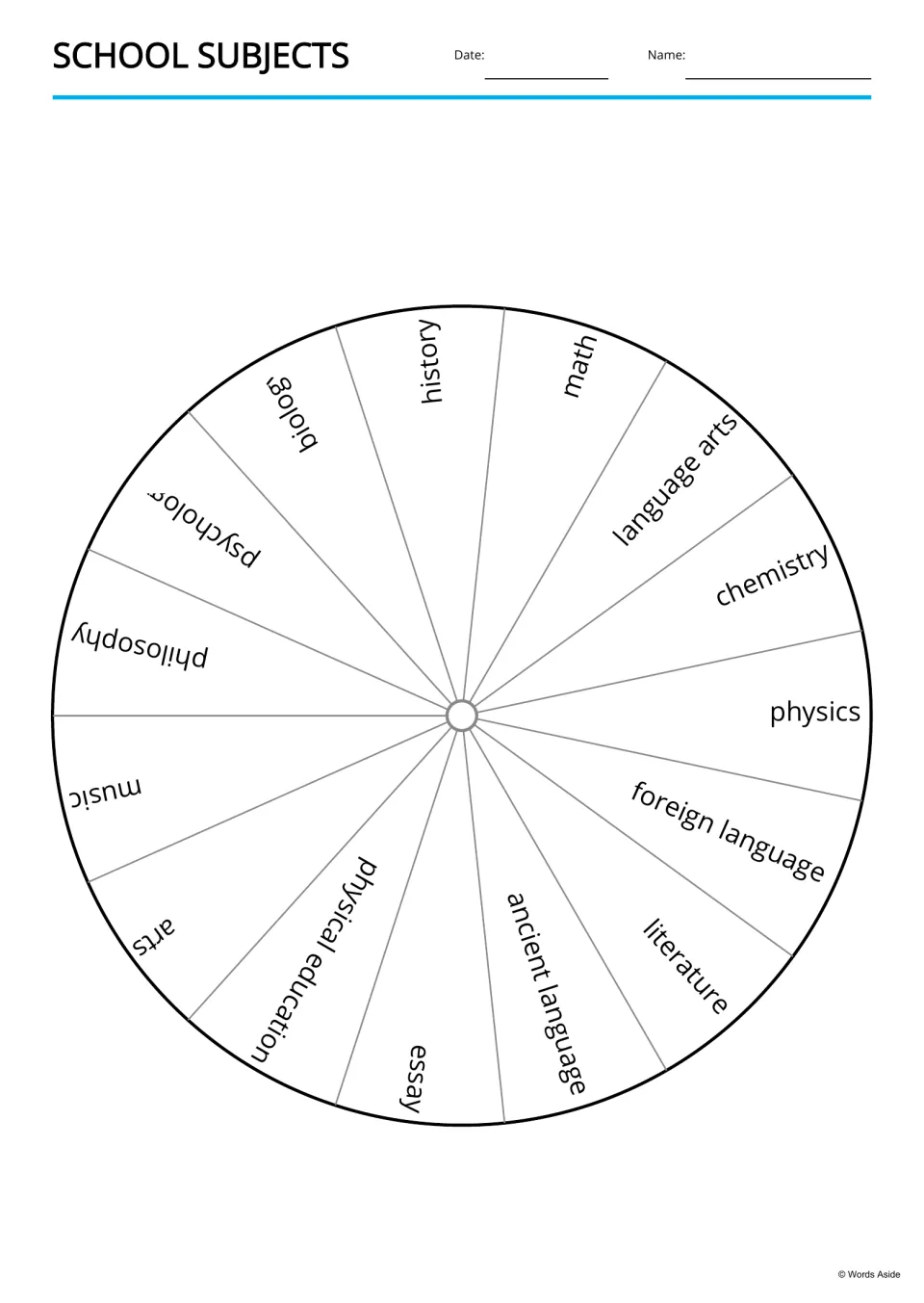 School-subject vocabulary wheel featuring 15 terms, including history, biology, psychology, and philosophy
