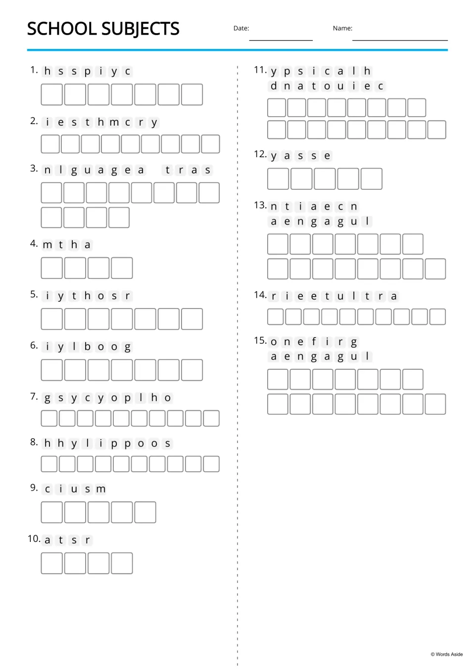 School-subject anagram activity with 15 scrambled terms to unscramble, including physics and chemistry