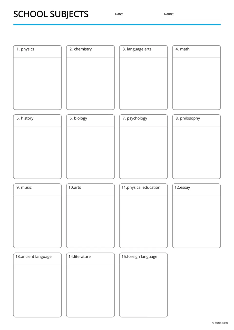 Blank writing board labeled with 15 school-subject terms, including music, arts, and physical education