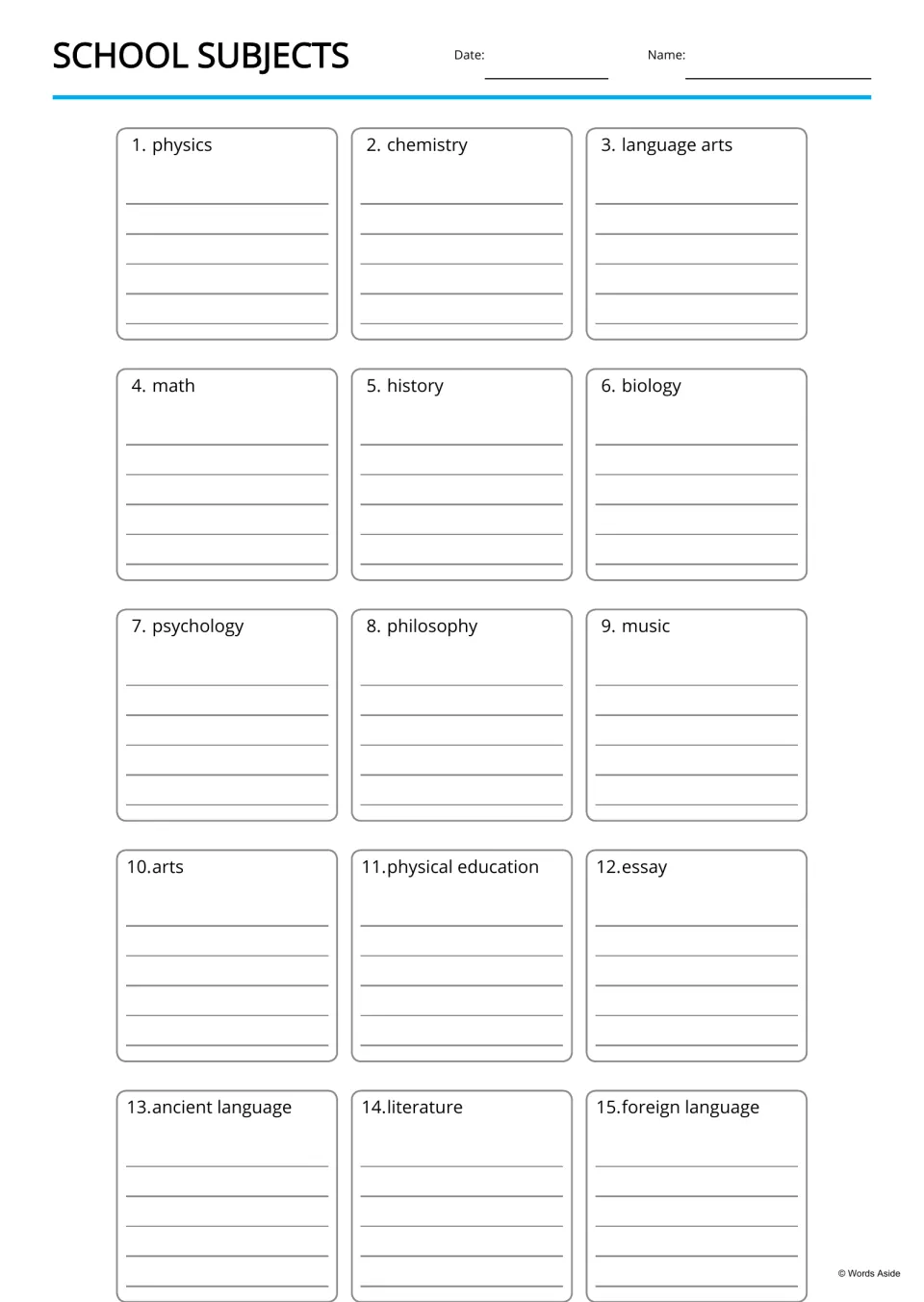 Lined writing board for 15 school-subject terms, including essay, ancient language, and foreign language