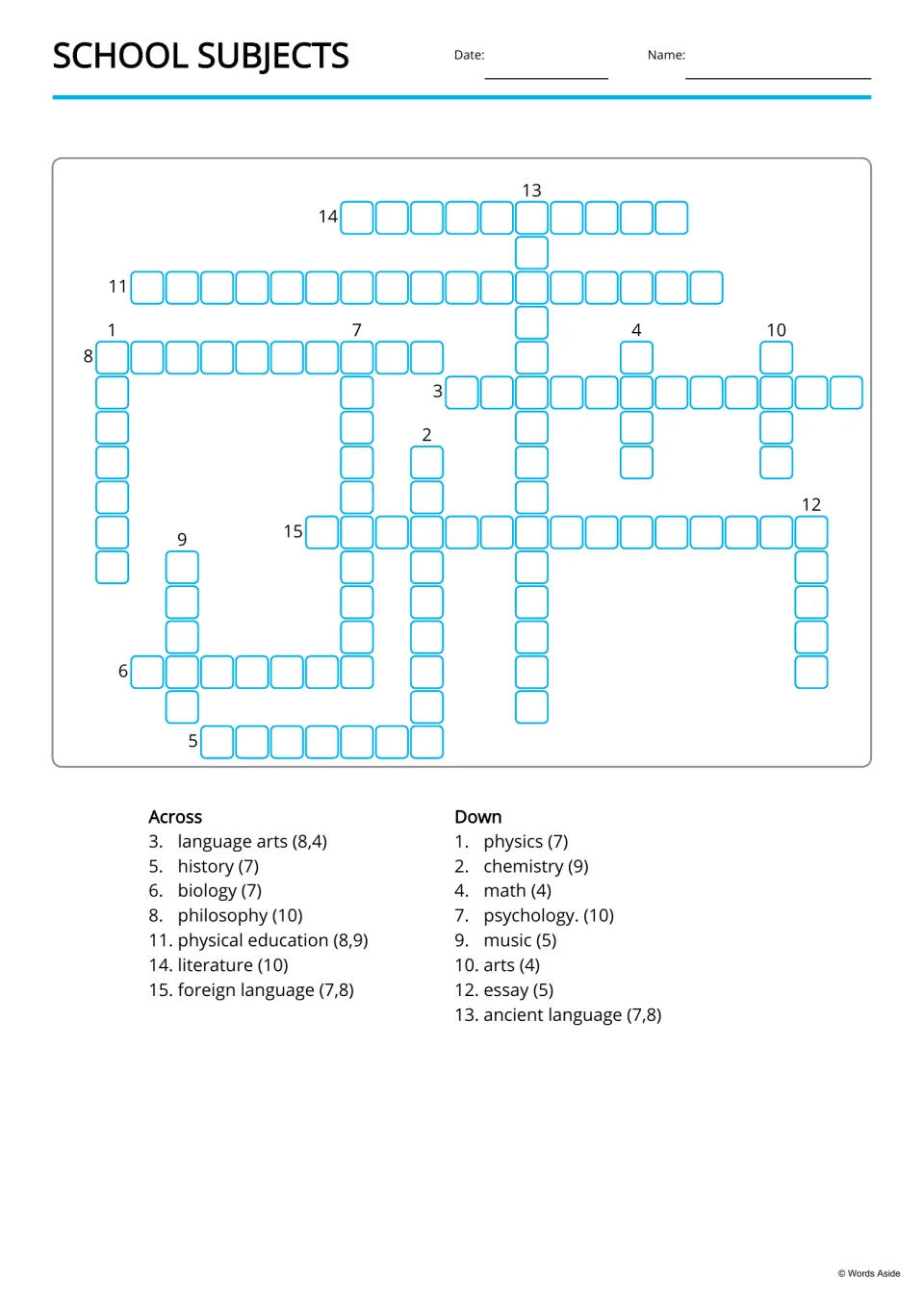 Copy-words crossword for 15 school-subject terms, with across and down lists giving words and letter counts