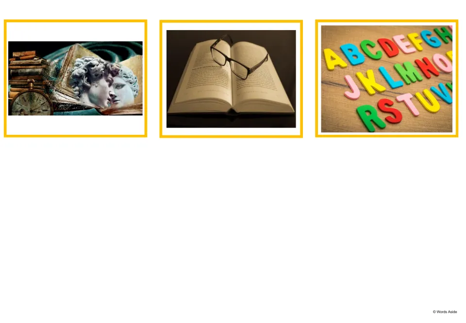School-subject picture flashcards 13–15: ancient language, literature, and foreign language illustrations