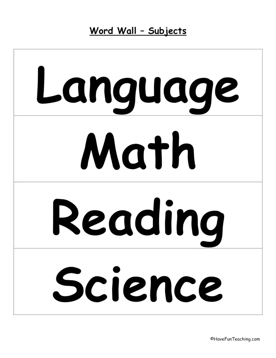 School vocabulary word wall cards 1–4: Language, Math, Reading and Science, under 'Word Wall - Subjects'