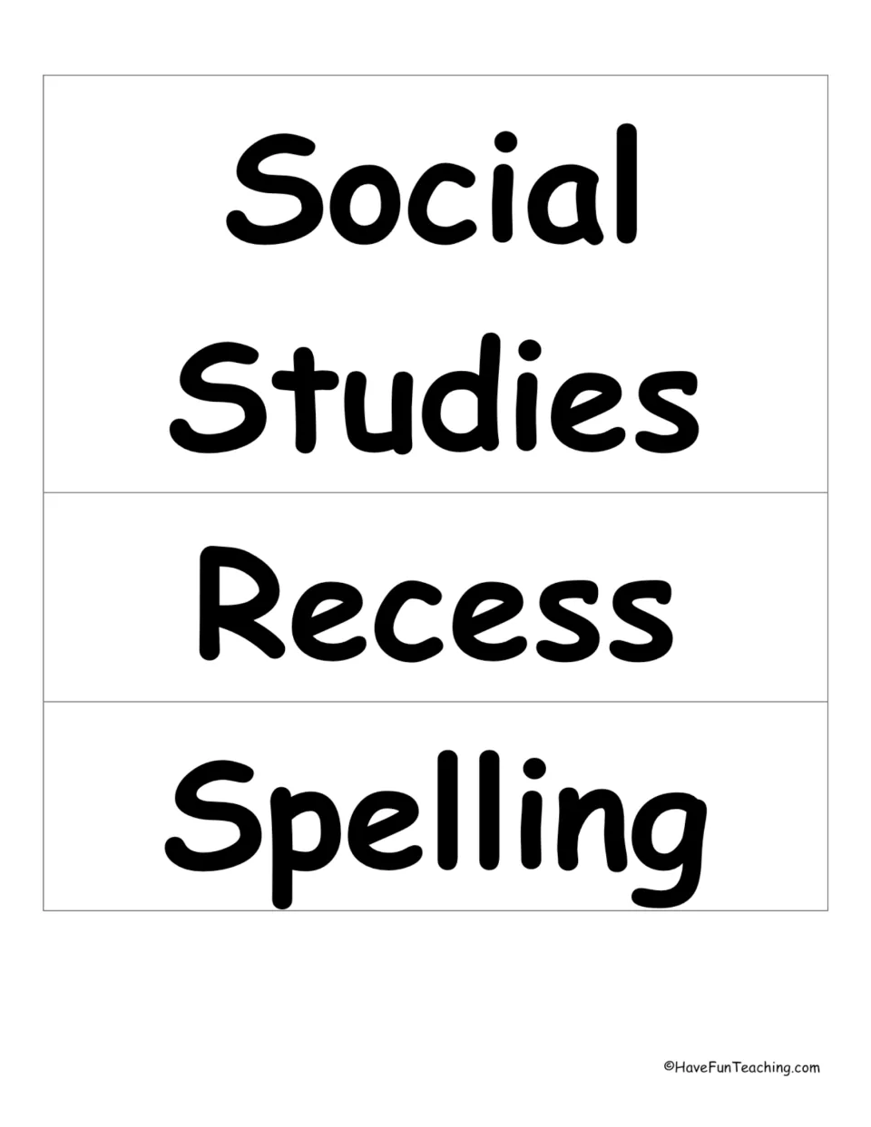 School vocabulary word wall cards 5–7: Social Studies, Recess and Spelling, for the school terms display