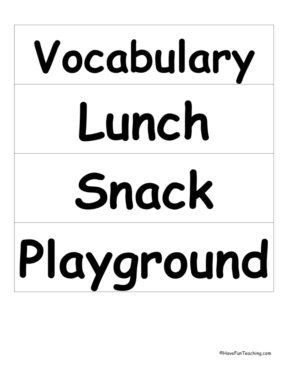 School vocabulary word wall cards 8–11: Vocabulary, Lunch, Snack and Playground, for the school terms display