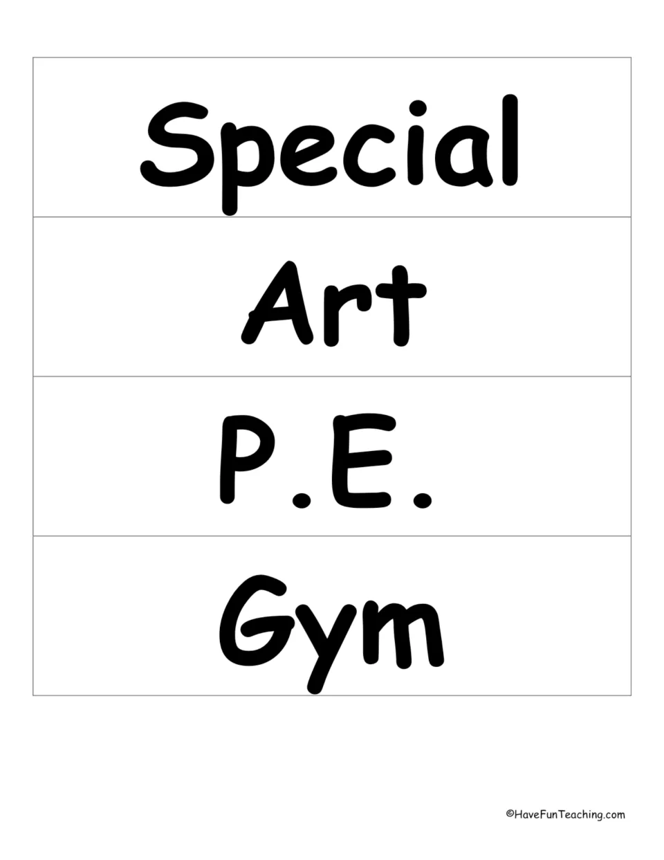 School vocabulary word wall cards 12–15: Special, Art, P.E. and Gym, for the school terms display