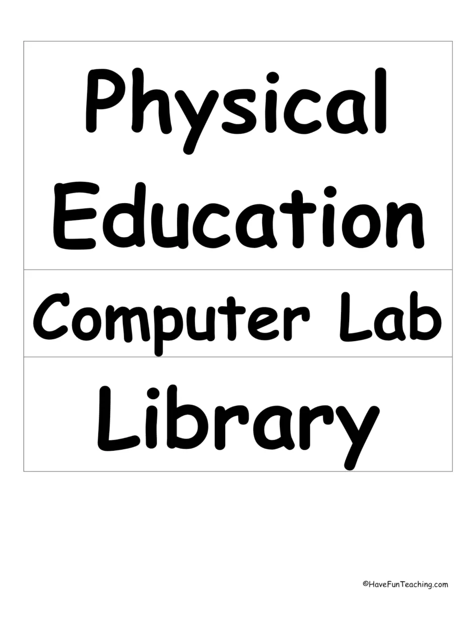 School vocabulary word wall cards 16–18: Physical Education, Computer Lab and Library, for the display