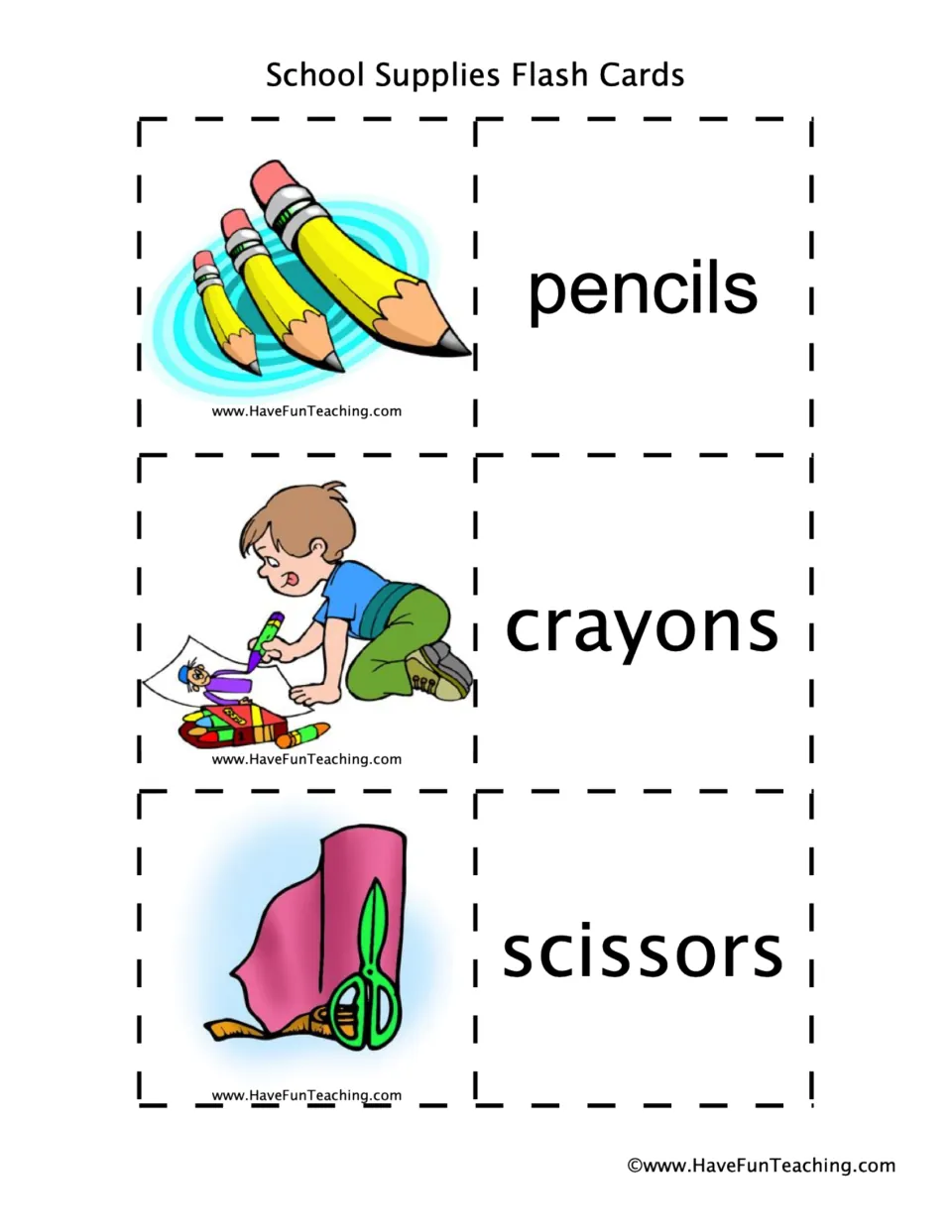 School supply words: picture cards of pencils, crayons and scissors, each paired with a word card to cut out and match