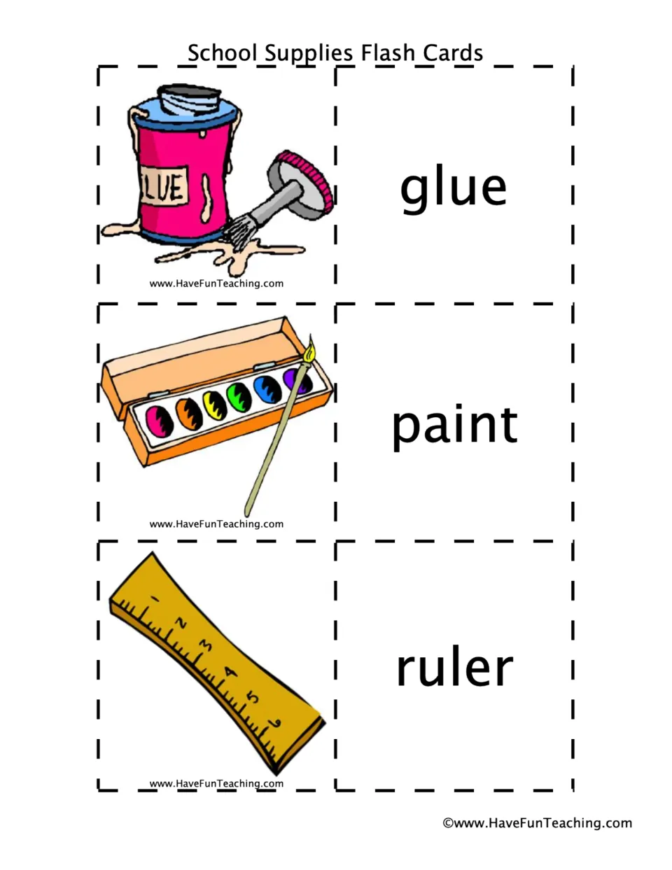 Art and measuring tools: glue, paint and ruler shown as clip-art cards beside matching word cards for vocabulary review