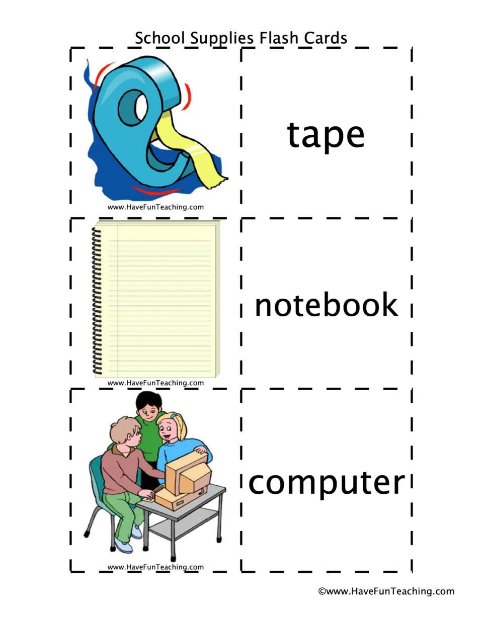 Tape, notebook and computer picture cards with matching word cards; students cut apart and pair each image with its name