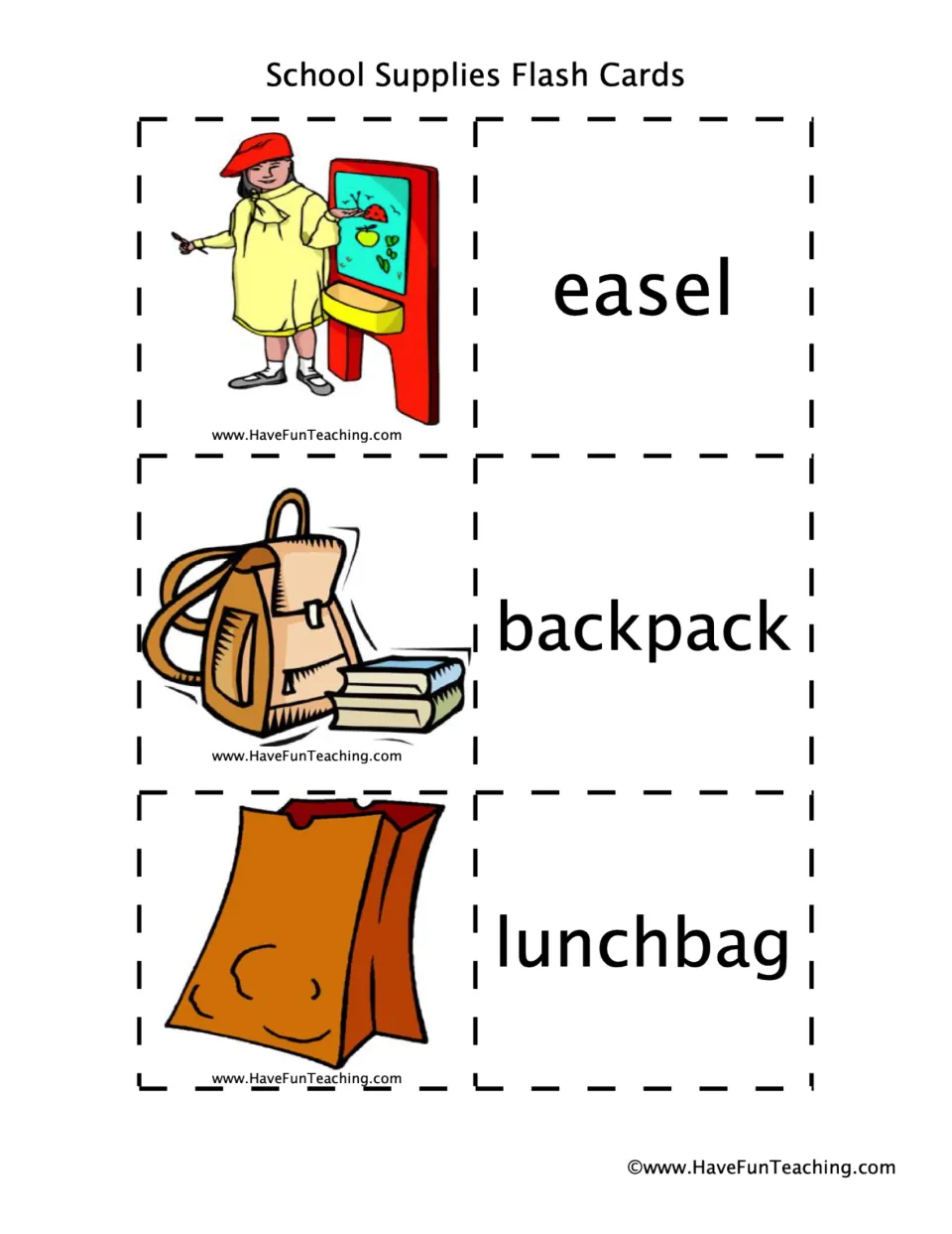 Easel, backpack and lunchbag illustrated cards next to word cards for naming and matching everyday classroom items