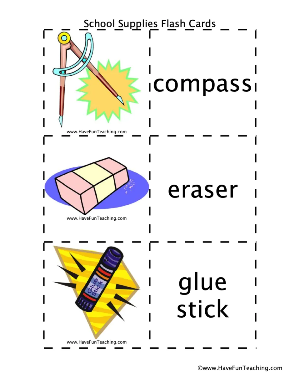 Compass, eraser and glue stick picture-and-word card pairs for building classroom tool vocabulary through matching