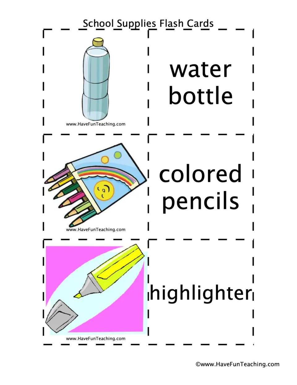 Two-word item names water bottle and colored pencils, plus highlighter, each shown as a picture card and a word card