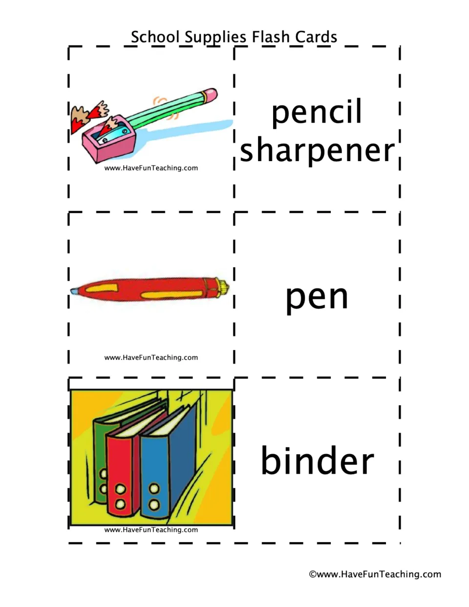 Pencil sharpener, pen and binder picture cards beside word cards for sight-word reading and picture-word matching