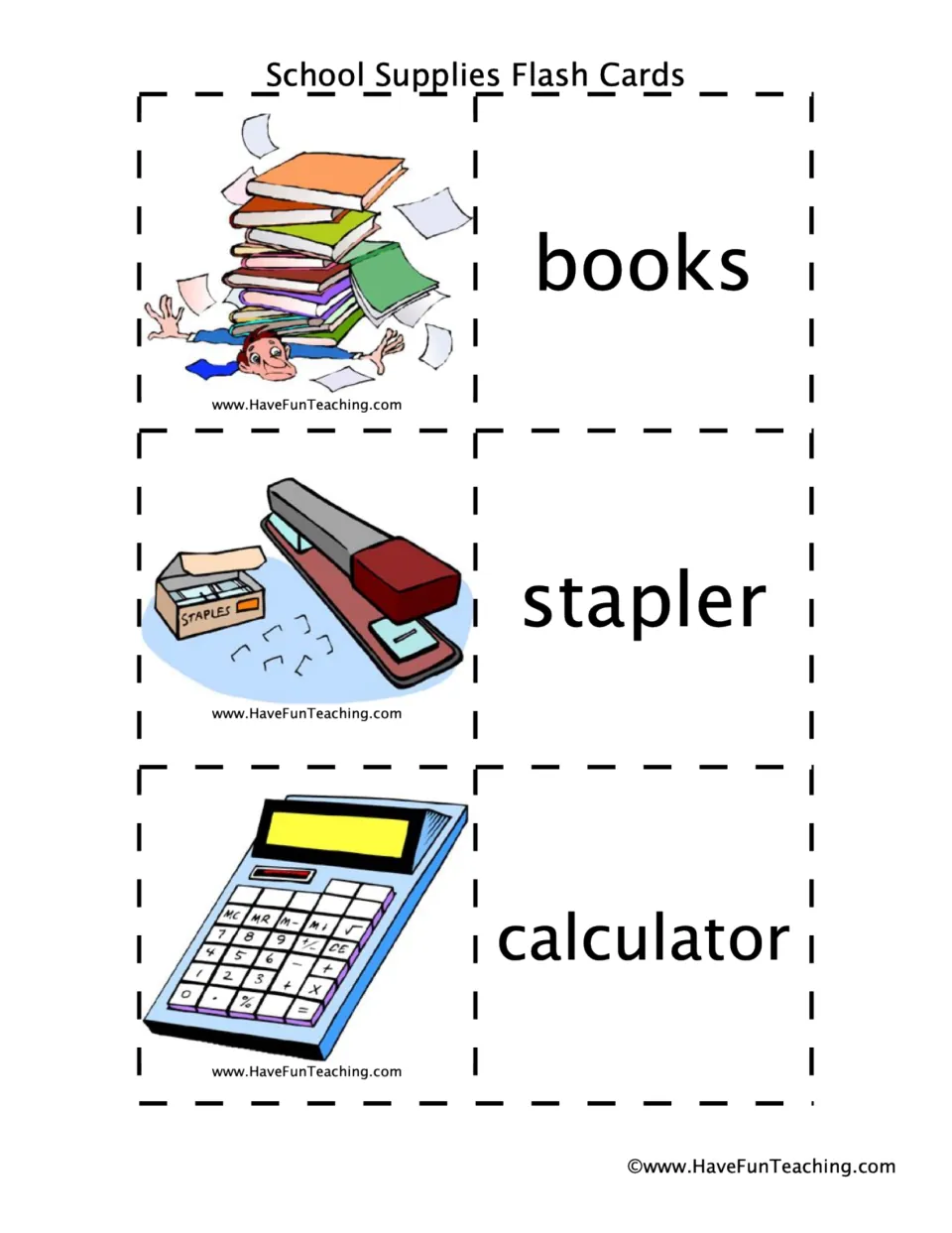 Books, stapler and calculator illustrated cards with word cards so students match each pictured supply to its label