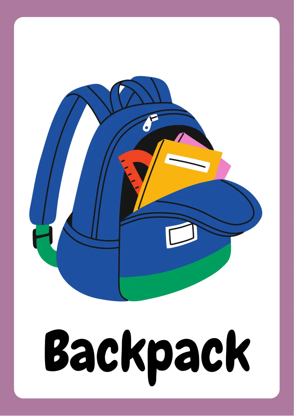 School supplies vocabulary flashcard labeled 'Backpack', showing a blue backpack holding school items