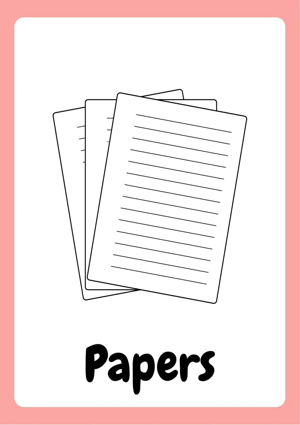 School supplies vocabulary flashcard labeled 'Papers', showing three overlapping sheets of writing paper