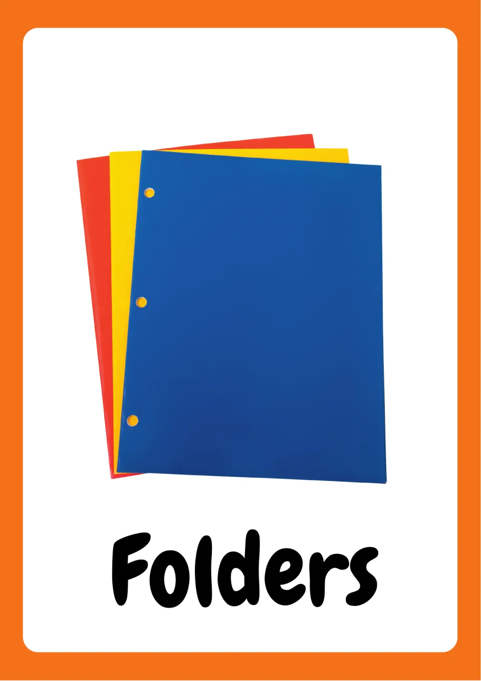 School supplies vocabulary flashcard labeled 'Folders', showing three folders in red, yellow, and blue