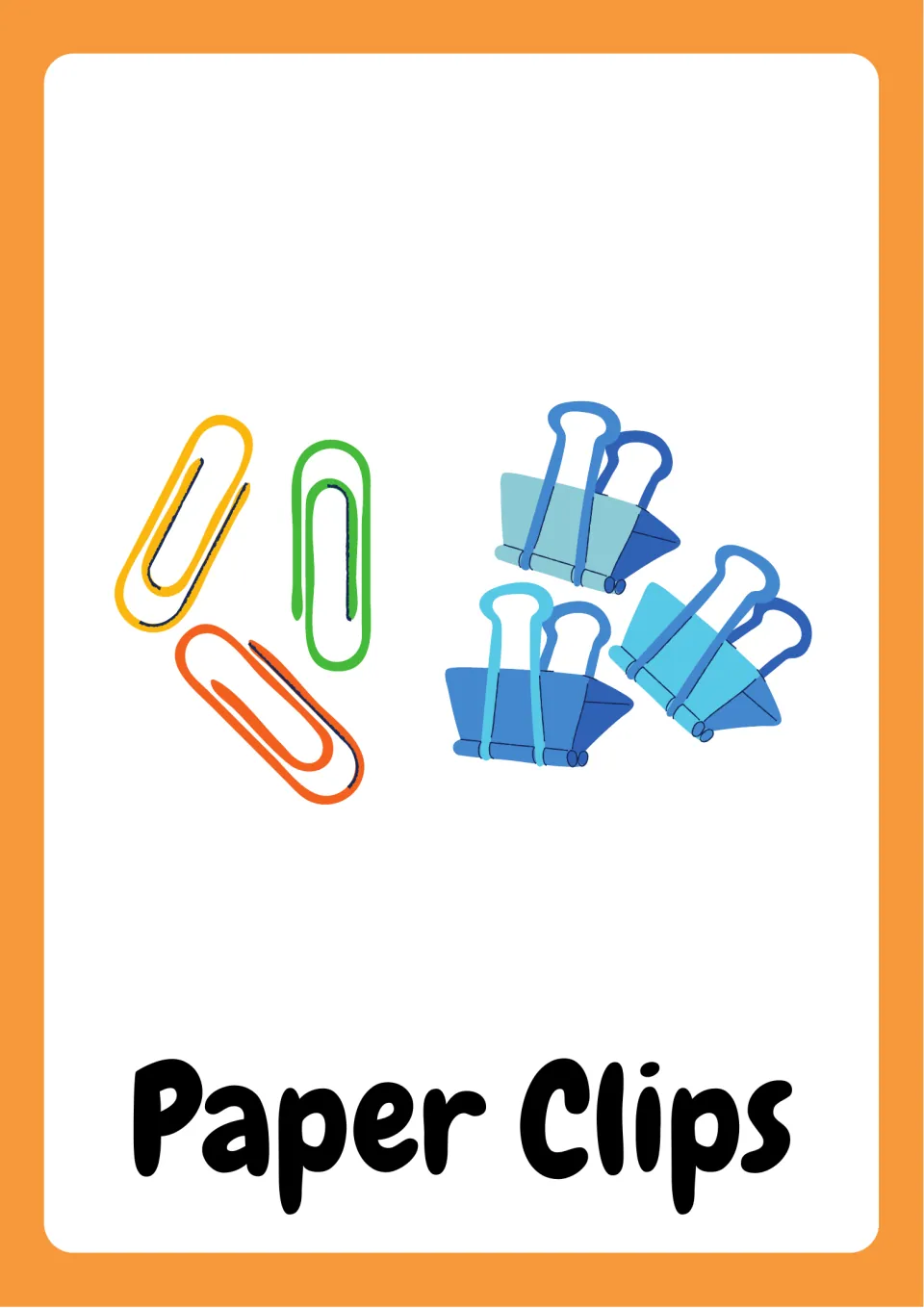 School supplies vocabulary flashcard labeled 'Paper Clips', showing three paper clips and three binder clips