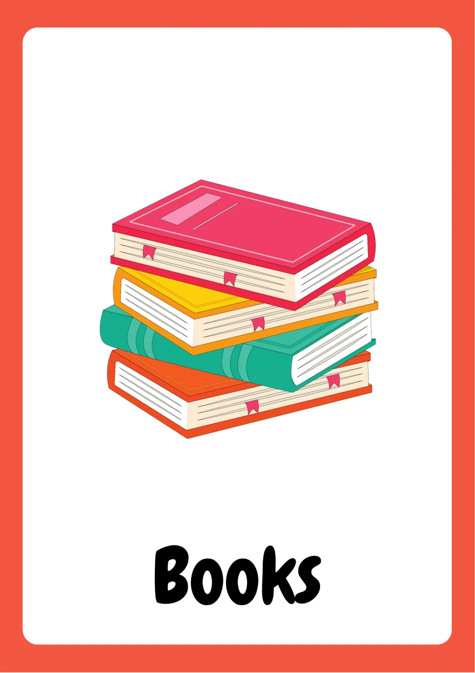 School supplies vocabulary flashcard labeled 'Books', showing a stack of four books with colored covers