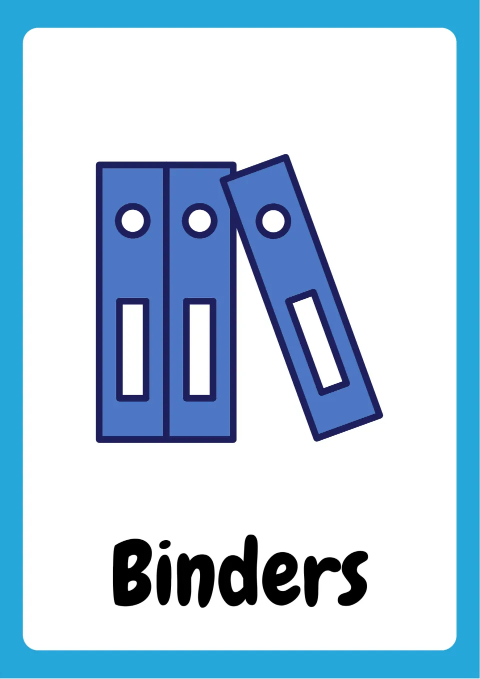 School supplies vocabulary flashcard labeled 'Binders', showing three blue binders, one leaning sideways