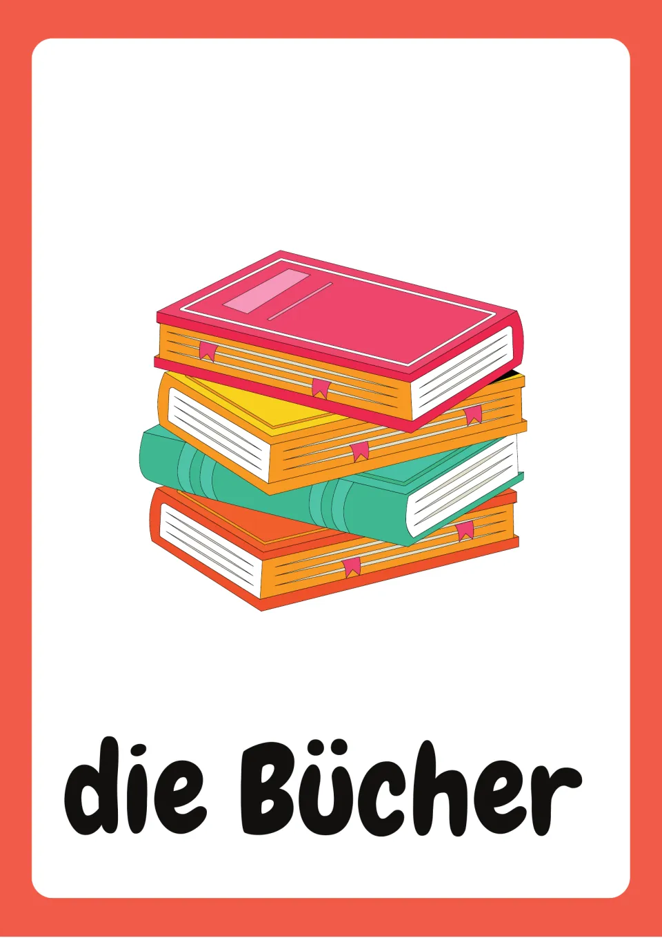 German school-supply flashcard labeled “die Bücher” (books), illustrated with a stack of four colorful books