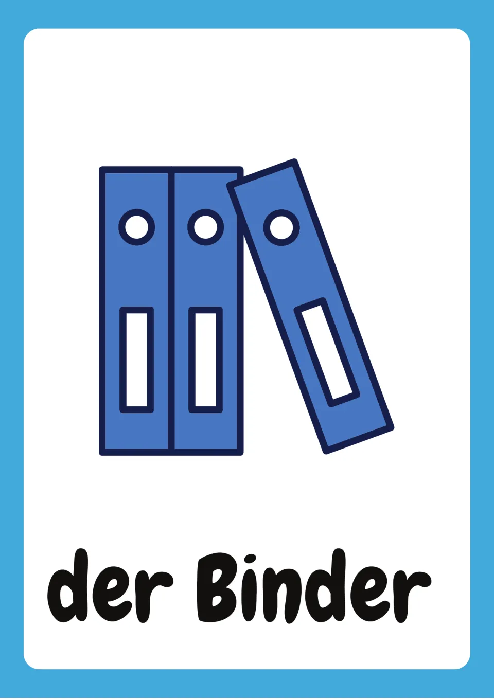 German school-supply flashcard labeled “der Binder” (binder), showing three blue binders standing together