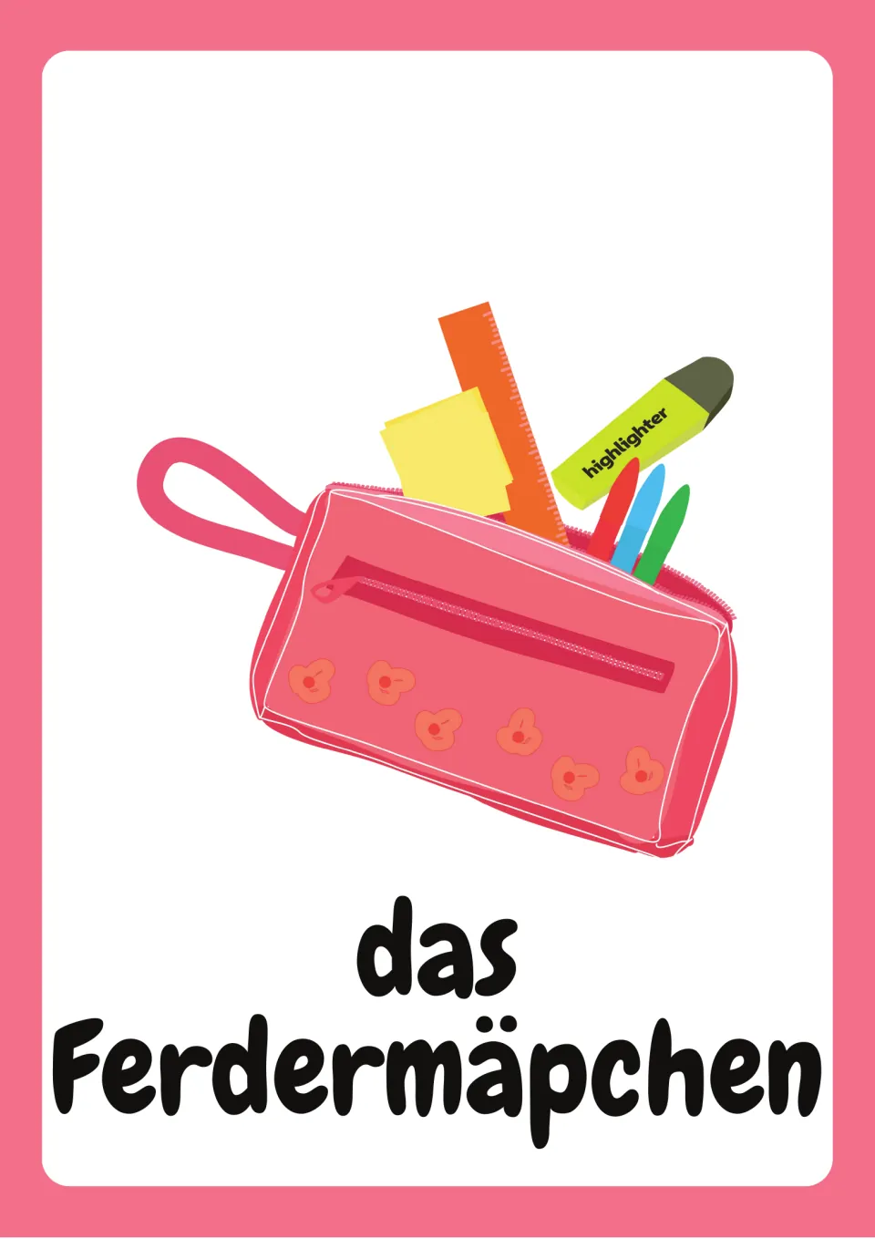 German school-supply flashcard showing a pencil case of supplies, with the printed label “das Ferdermäpchen”