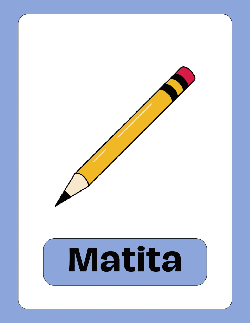 Italian vocabulary flashcard: a yellow pencil with a red eraser tip labeled Matita, for naming classroom objects