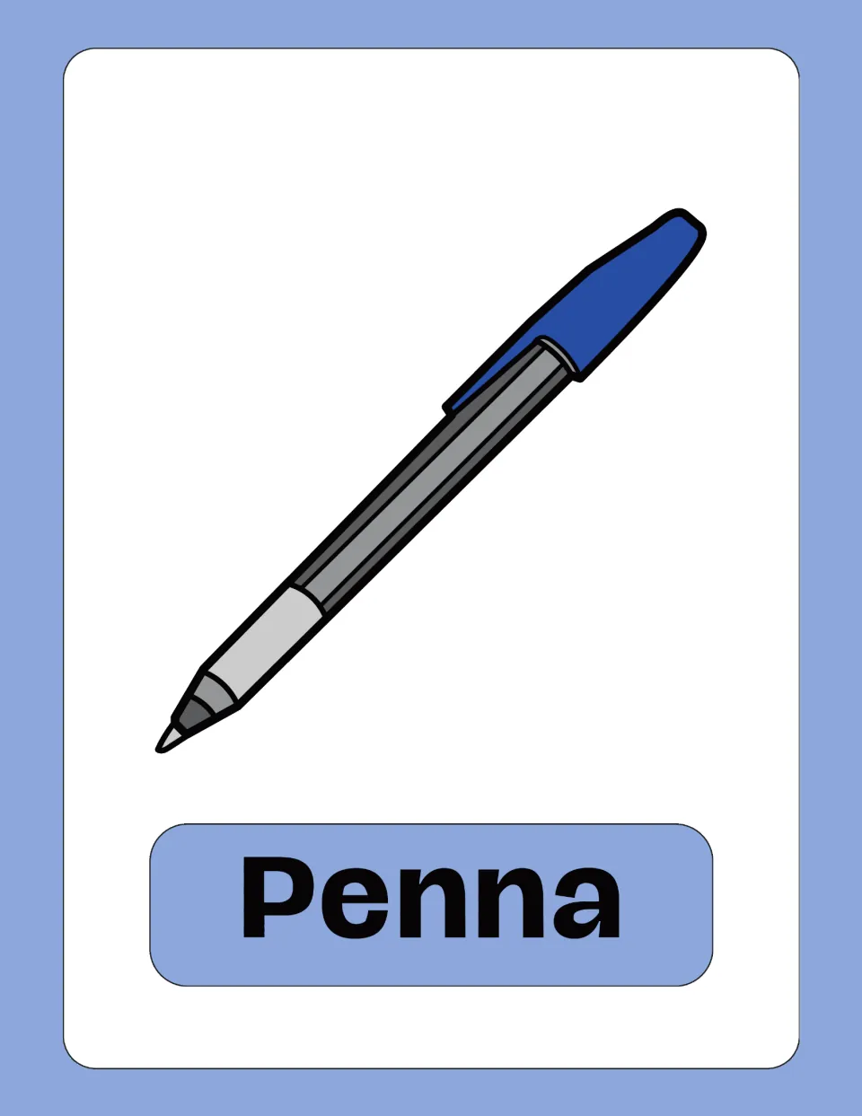 Penna picture card: a gray ballpoint pen with a blue cap above the Italian word, for naming writing tools