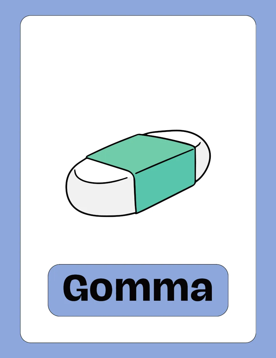 Gomma word card: a white rubber eraser with a green sleeve, shown so students recall the Italian name