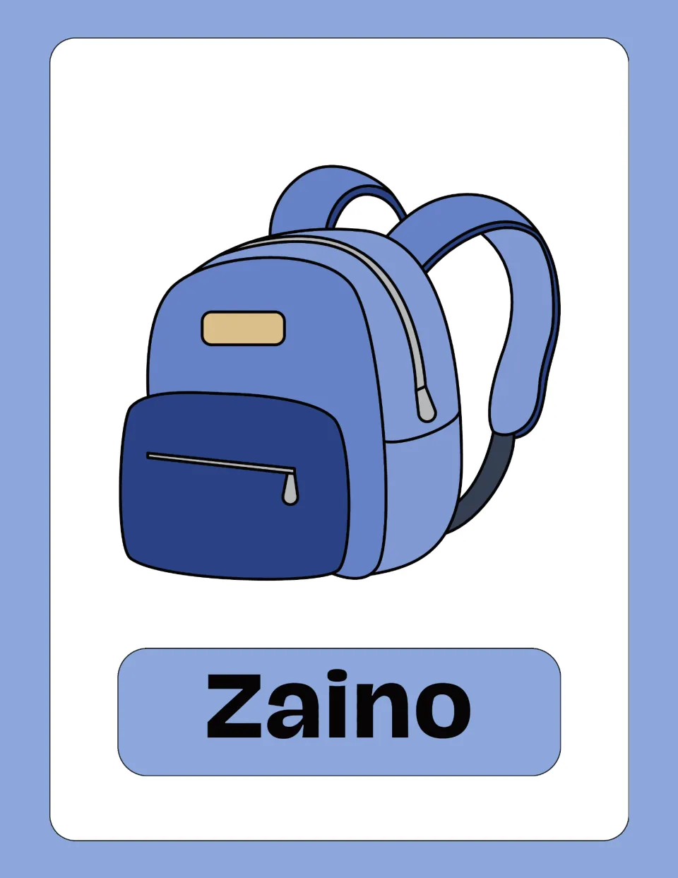 Zaino card: a blue school backpack with a zippered front pocket, tan patch and straps above the Italian word