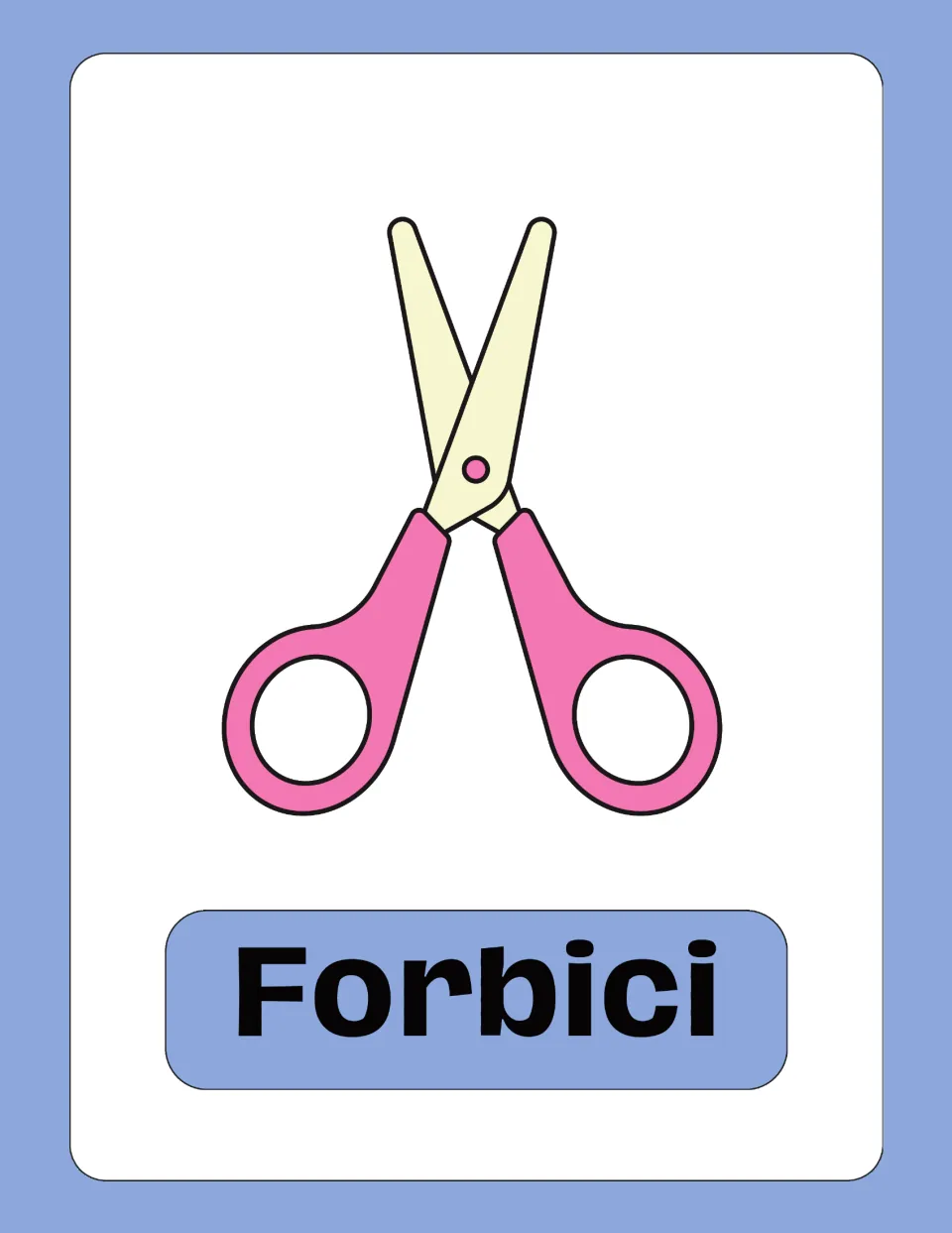 Forbici card: pink-handled scissors with cream blades, pairing the Italian term with its picture for recall