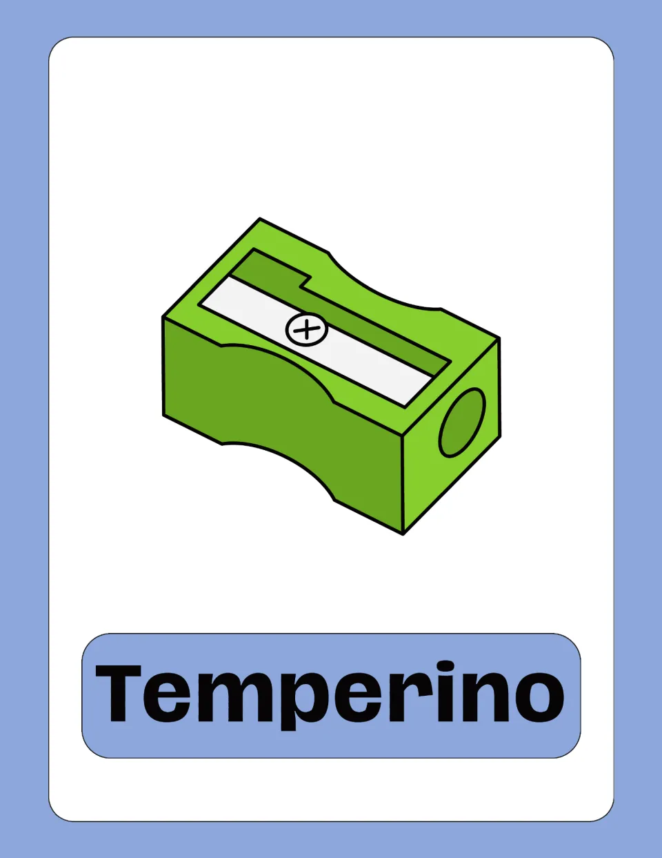 Temperino card: a green pencil sharpener with a metal blade and hole, for naming classroom tools in Italian