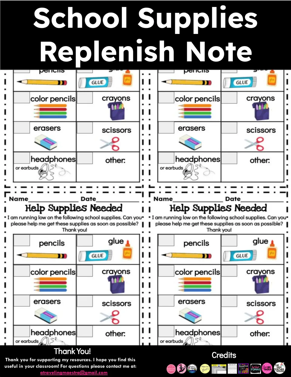 School supply note cover showing sample checklists for pencils, glue, crayons, erasers and other supplies