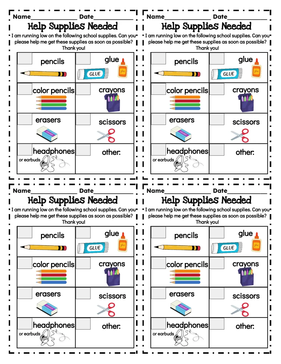 Four English supply checklists requesting pencils, glue, color pencils, crayons, erasers, scissors and headphones