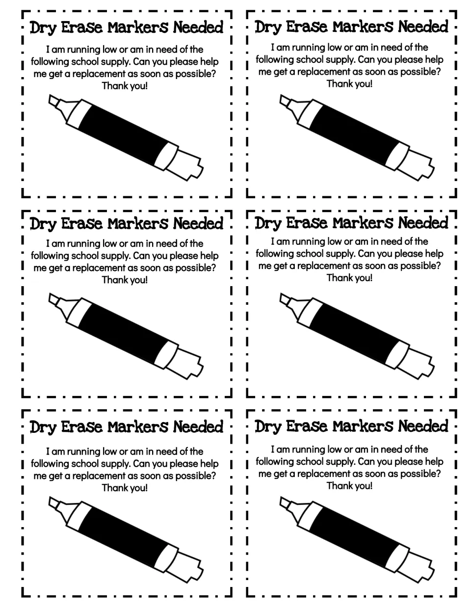 Six English dry erase marker request notes, each asking for a replacement and showing a marker illustration
