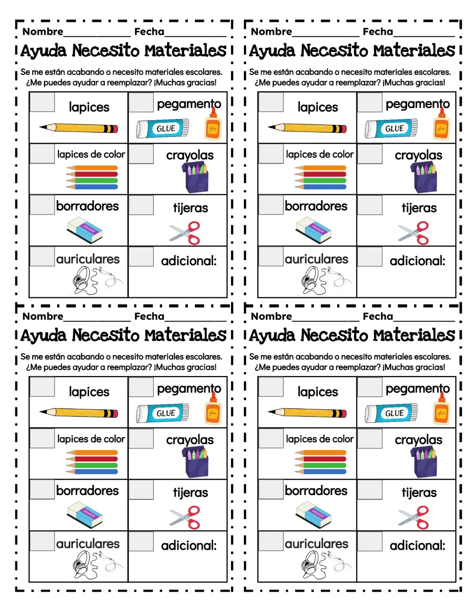 Four Spanish supply checklists including lapices (pencils), pegamento (glue) and tijeras (scissors)