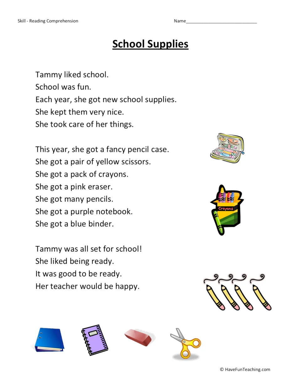 Reading passage about Tammy getting ready for school with a pencil case, scissors, crayons and other supplies.