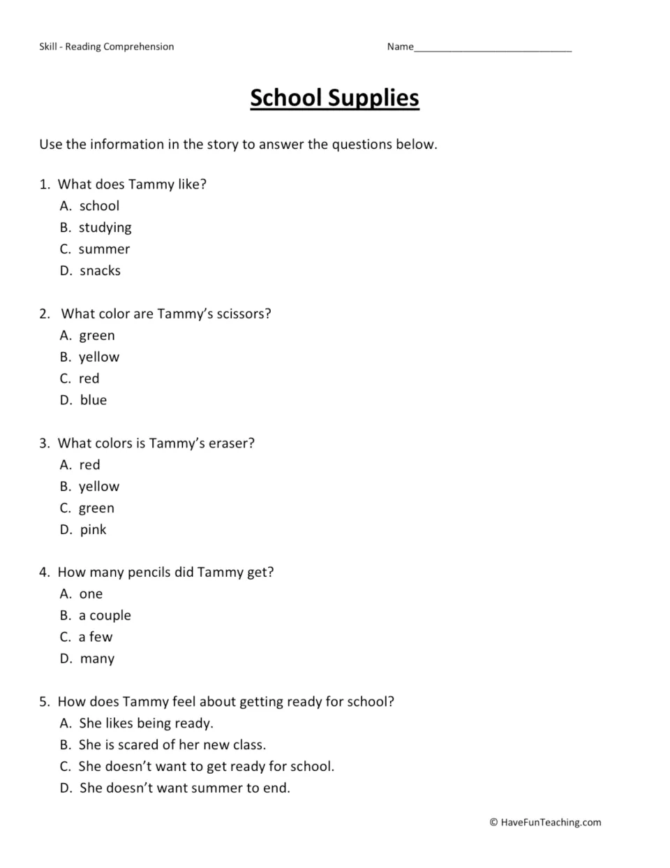 Five multiple-choice questions about Tammy's love of school, supplies and feelings about being ready.