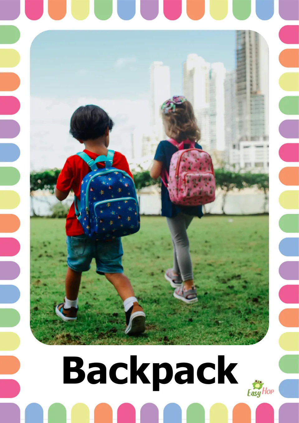 School supplies vocabulary flashcard labeled 'Backpack,' showing two children wearing backpacks outdoors