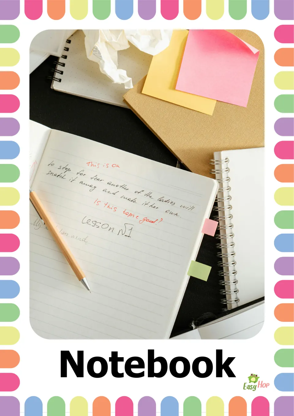 School supplies vocabulary flashcard labeled 'Notebook,' showing open notebooks, handwritten notes and a pencil