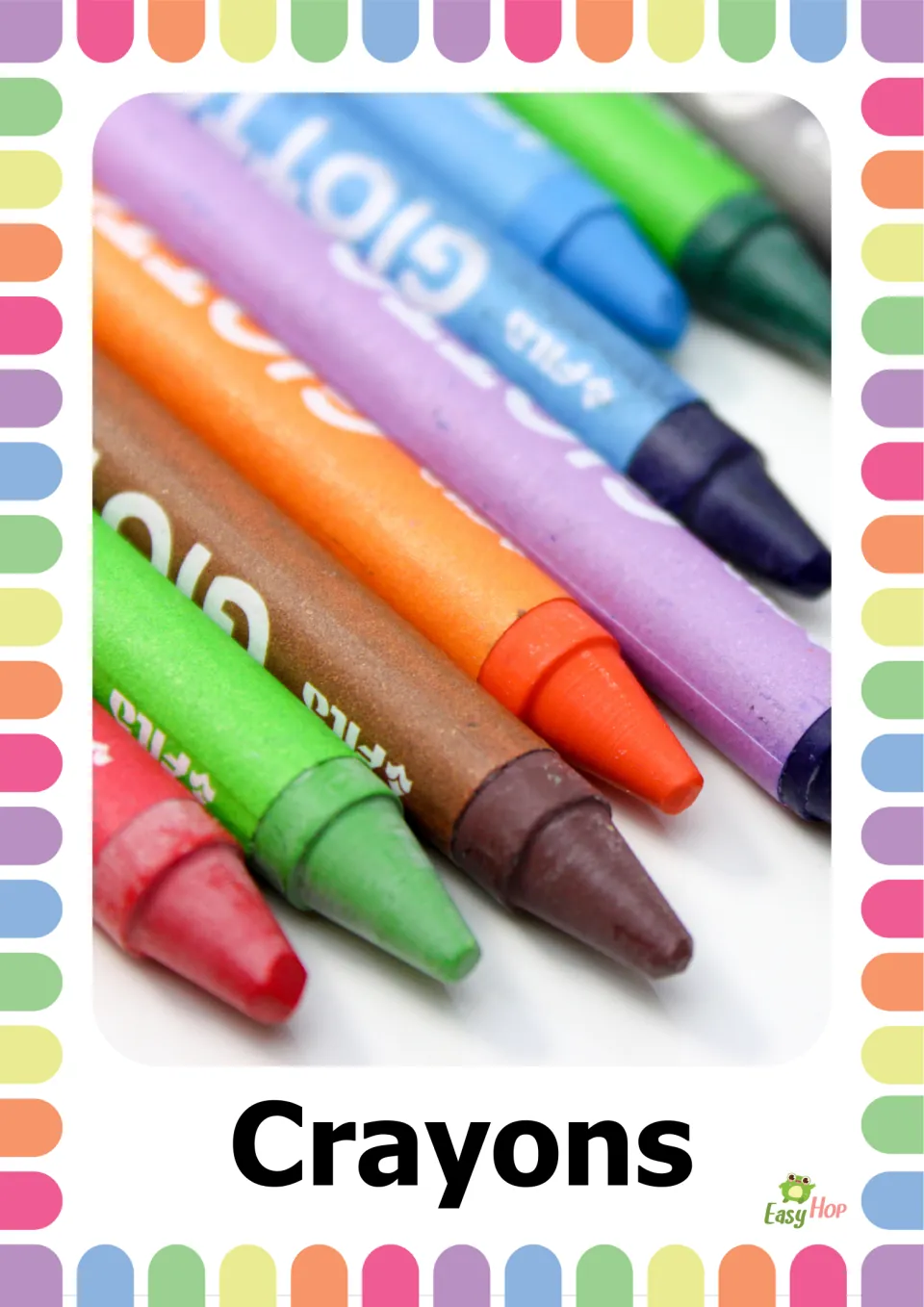 School supplies vocabulary flashcard labeled 'Crayons,' showing a close-up of crayons in several colors