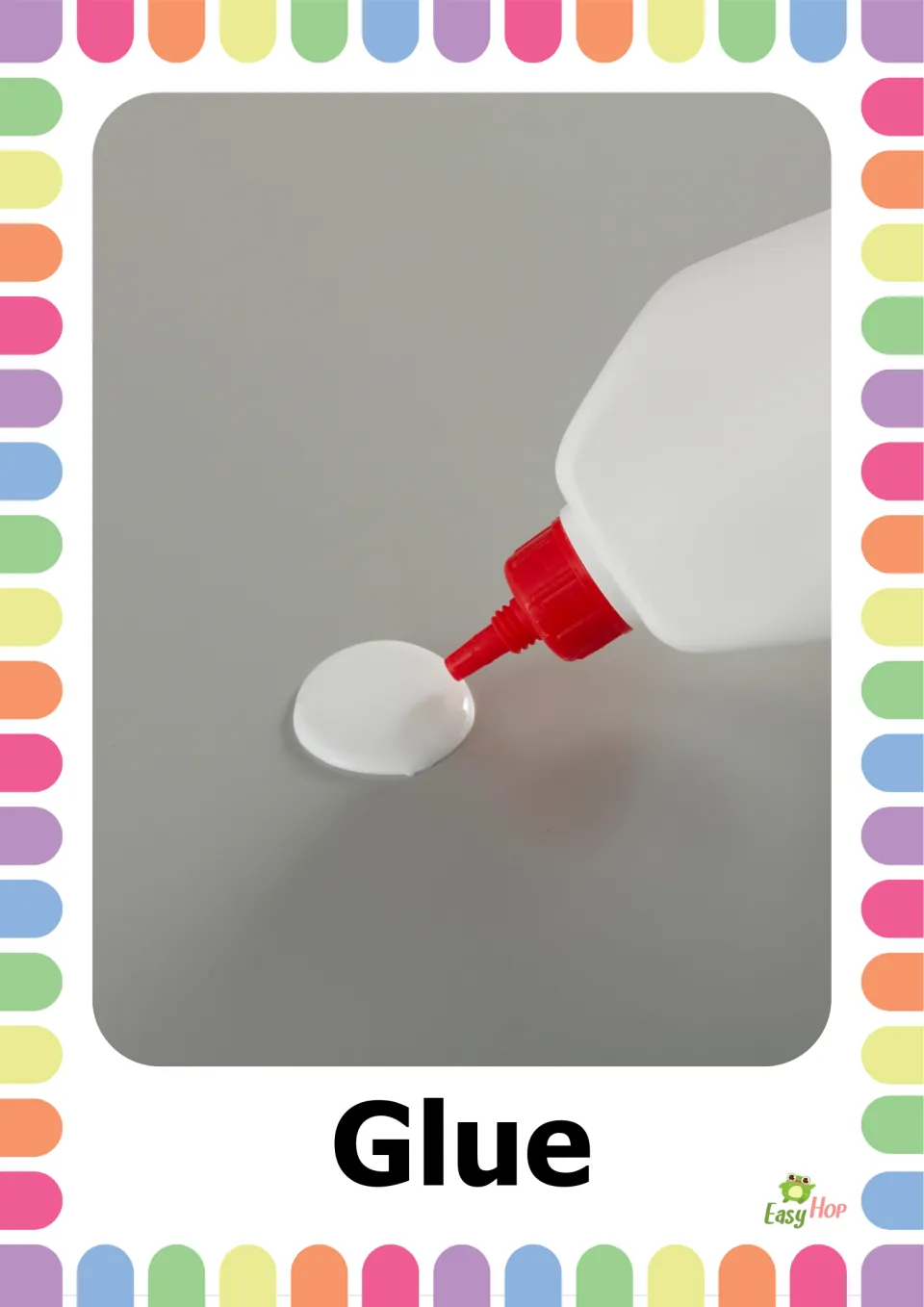 School supplies vocabulary flashcard labeled 'Glue,' showing a white bottle with a red nozzle and a glue puddle