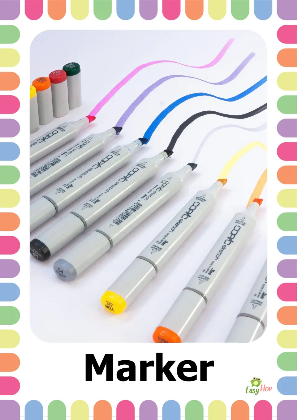 School supplies vocabulary flashcard labeled 'Marker,' showing several markers beside matching colored strokes