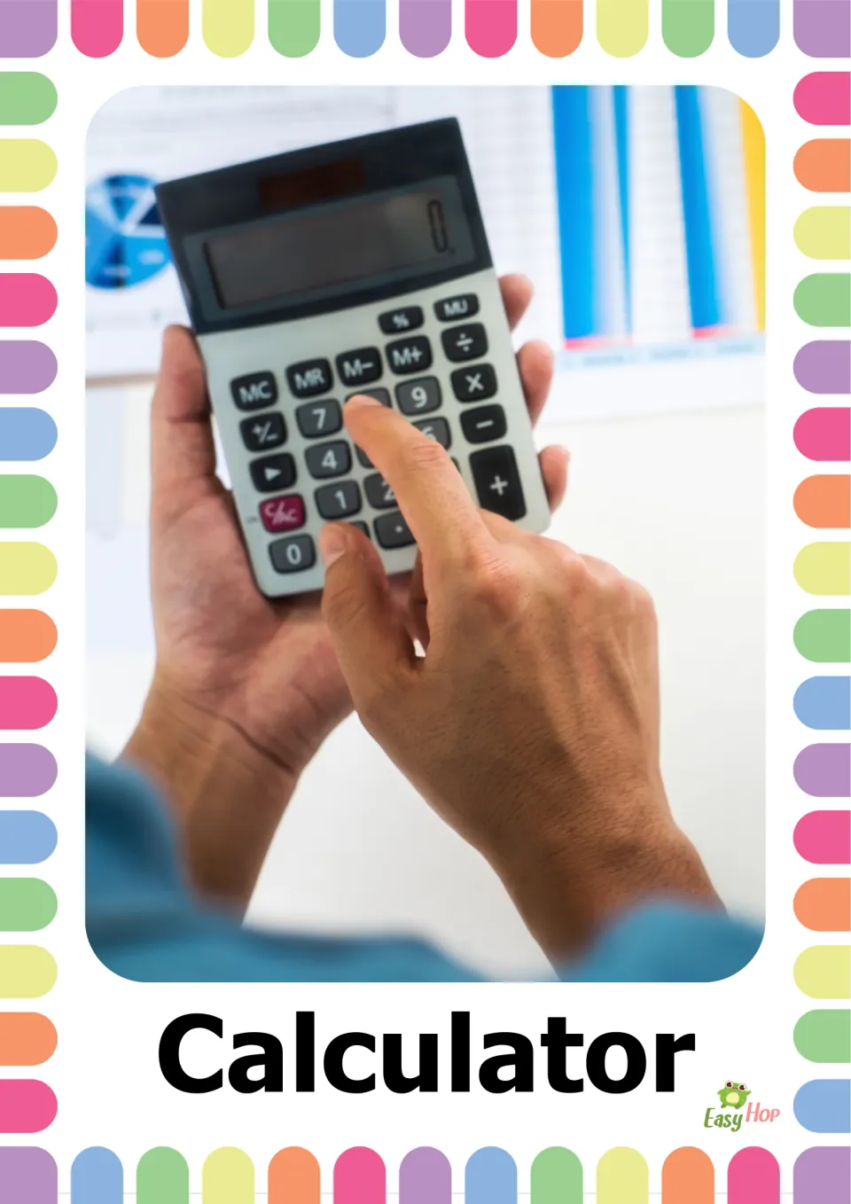 School supplies vocabulary flashcard labeled 'Calculator,' showing hands holding a calculator and pressing a key