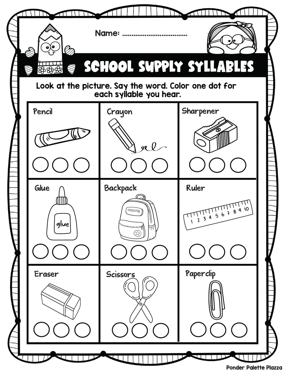 Syllable counting: students say 9 school supplies like pencil, backpack and scissors and color one dot per syllable