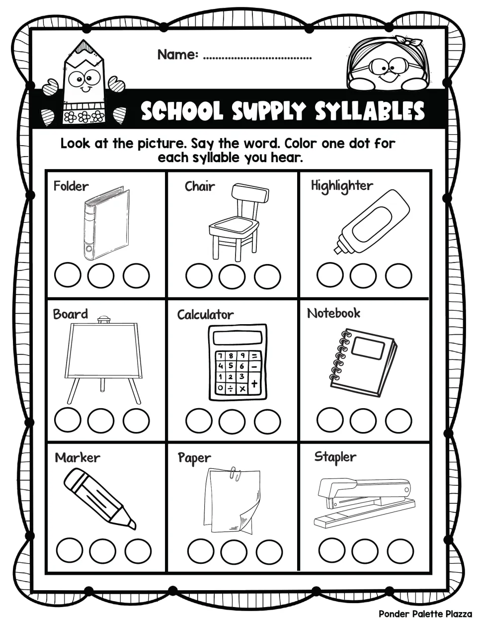 Counting syllables in classroom words: students name folder, chair, calculator, stapler and more, coloring a dot per beat