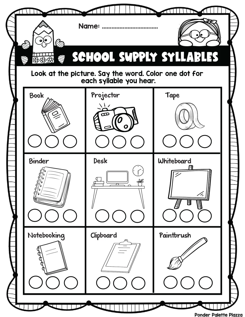 Syllable dots practice: students say book, projector, whiteboard, clipboard and paintbrush, coloring one dot per syllable
